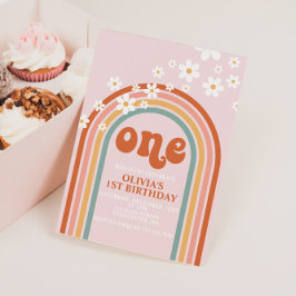 Convite Aniversário de um ano Boho Daisy arco-íris