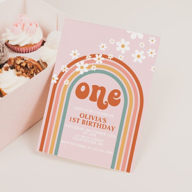 Convite Aniversário de um ano Boho Daisy arco-íris (Criador carregado)