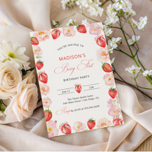 Convite Aniversário de um ano da Berry com laço de morango