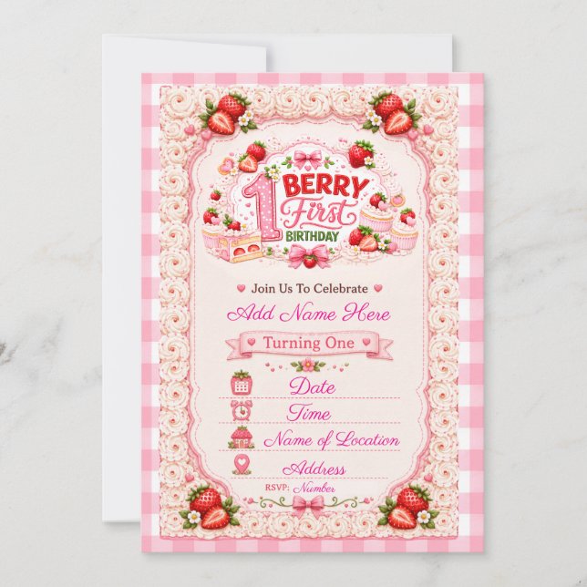 Convite Aniversário de Um Ano da Berry Morango Shortcake (Frente)