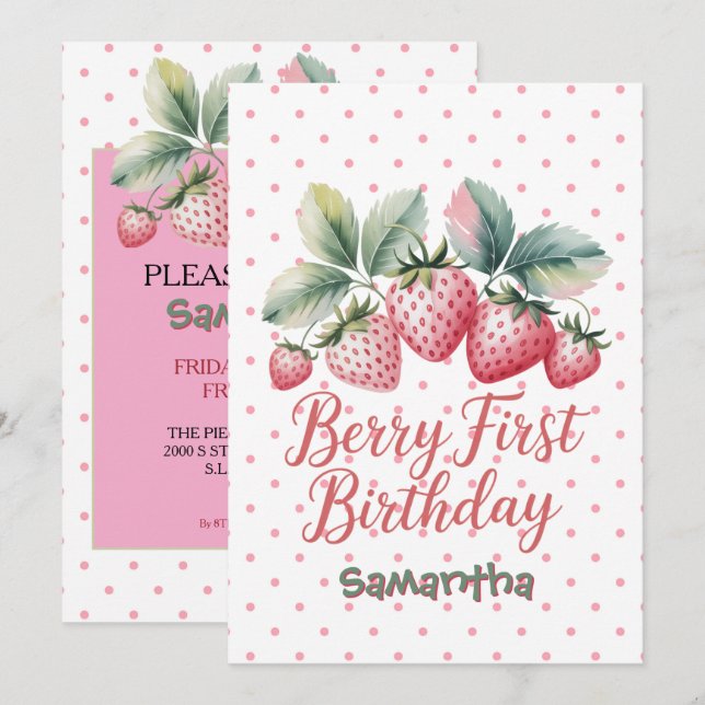 Convite Aniversário de um ano da Berry Morango Um Doce Ber (Frente/Verso)