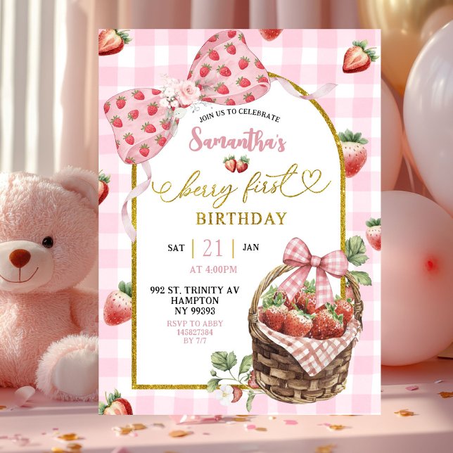 Convite Aniversário de Um Ano da Coquete Rosa com Xadrez d (Criador carregado)