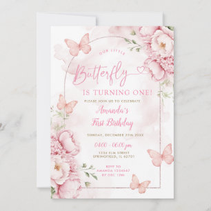 Convite Aniversário de Um Ano da Menina Floral Borboleta