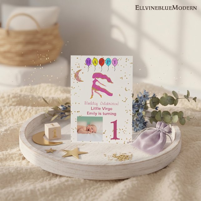 Convite Aniversário de um ano de Virgem em Ouro, Balões &  (Virgo 5” x 7” Photo Invite. Visit Virgo Zodiac Birthday Party Collection for more items.)