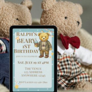 Convite Aniversário de Um Ano do Beary Azul Marrom Elegant
