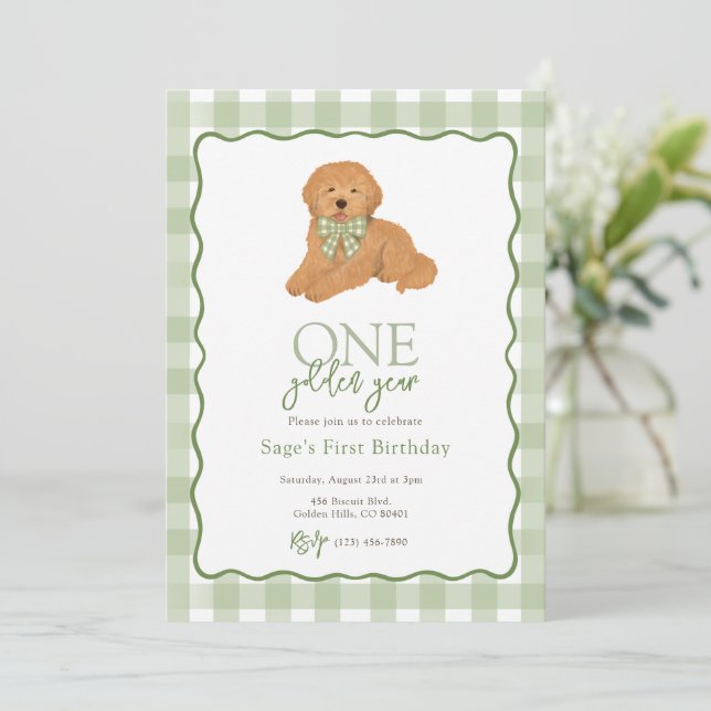 Convite Aniversário de Um Ano do Cachorro Verde Golden (Em pé/Frente)
