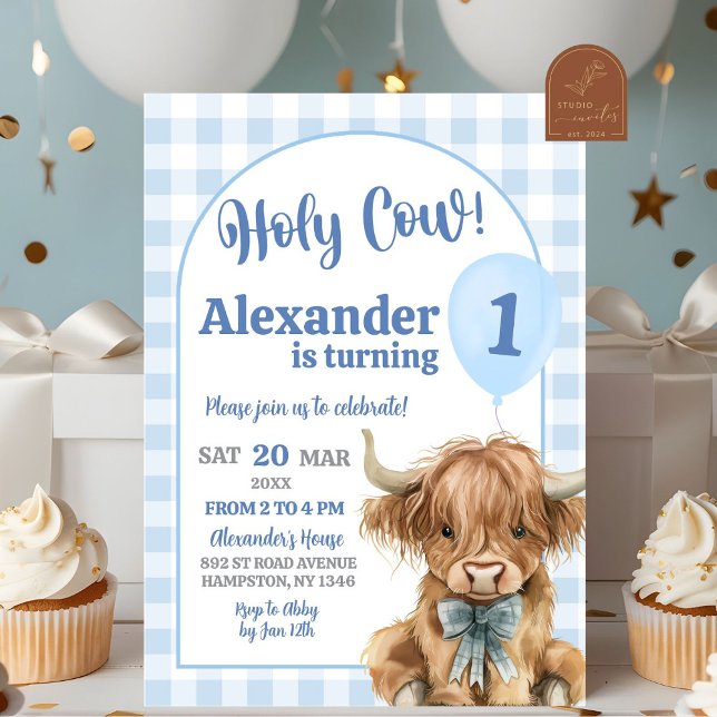 Convite Aniversário de Um Ano do Caubói Azul Gingham Prépp (Criador carregado)