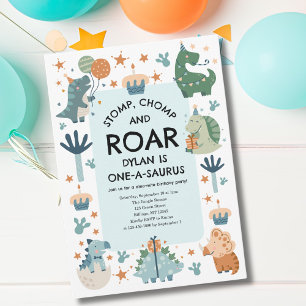 Convite Aniversário de Um Ano do Dino Stomp Chomp e Roar