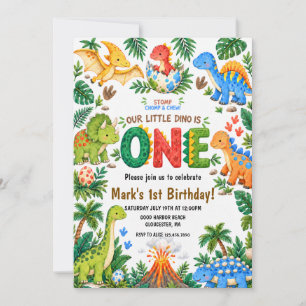 Convite Aniversário de Um Ano do Dinossauro Colorido