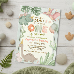 Convite Aniversário de um Ano do Dinossauro Verde Pastel F