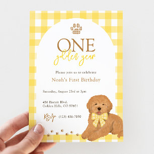 Convite Aniversário de um ano do Goldendoodle com Xadrez A