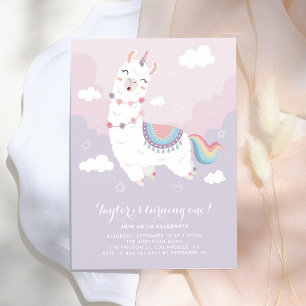 Convite Aniversário de um ano do Llamacorn Pastel Arco-íri