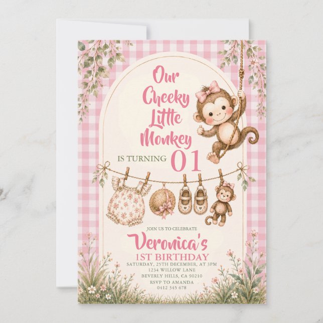 Convite Aniversário de um ano do macaquinho cor-de-rosa  (Frente)
