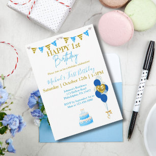 Convite Aniversário de Um Ano do Menino Azul Balões Dourad