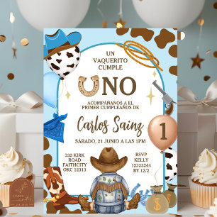 Convite Aniversário de um ano do menino cowboy azul espanh