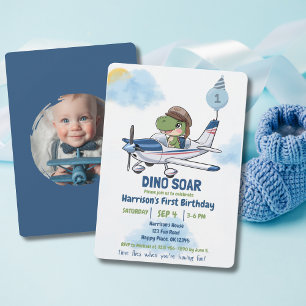 Convite Aniversário de um ano do menino Dinossauro voa Avi