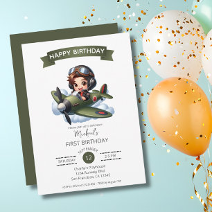 Convite Aniversário de Um Ano do Menino Piloto Avião Antig