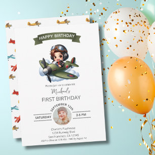 Convite Aniversário de um ano do menino piloto avião vinta