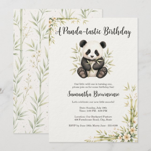 Convite Aniversário de um ano do Panda Fofo (Frente/Verso)