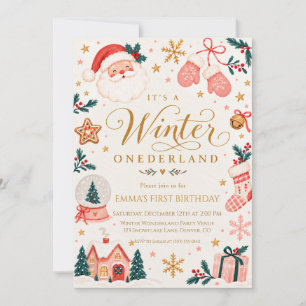 Convite Aniversário de Um Ano do Papai Noel Rosa Inverno O
