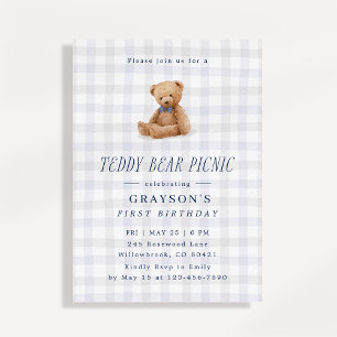 Convite Aniversário de um ano do ursinho xadrez de gingham