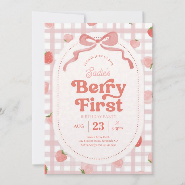 Convite Aniversário de um ano Gingham Berry (Frente)