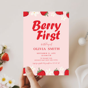 Convite Aniversário de Um Ano Minimalista Morango Vermelho