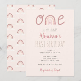 Convite Aniversário de Um Ano Nuvens Arco-íris Rosa Pastel