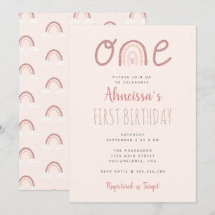 Convite Aniversário de Um Ano Nuvens Arco-íris Rosa Pastel