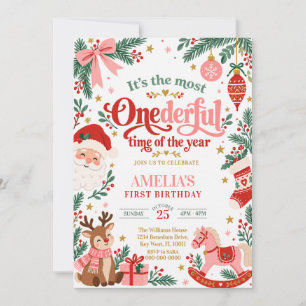 Convite Aniversário de Um Ano Onederful Vermelho Rosa Nata