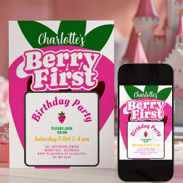 Convite Aniversário de Um Ano Rosa Brilhante Morango Fruta