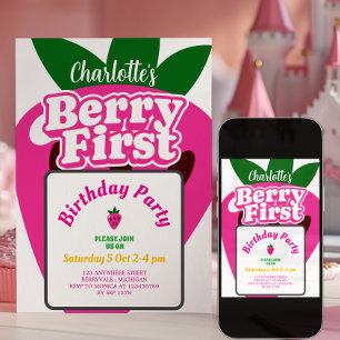 Convite Aniversário de Um Ano Rosa Brilhante Morango Fruta