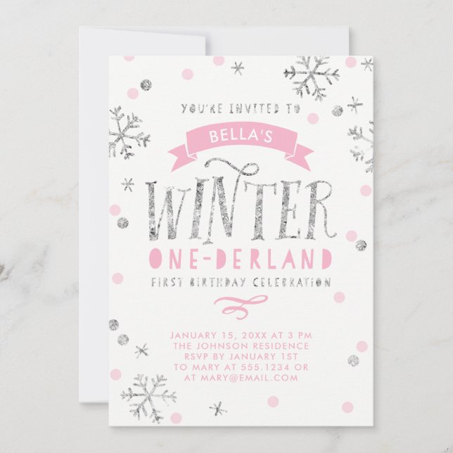 Convite Aniversário de Um Ano Silver e Pink Winter Onederl (Frente)