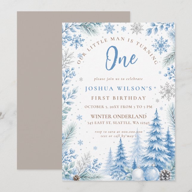 Convite Aniversário de Um Ano Winter Onderland Floco de Ne (Frente/Verso)