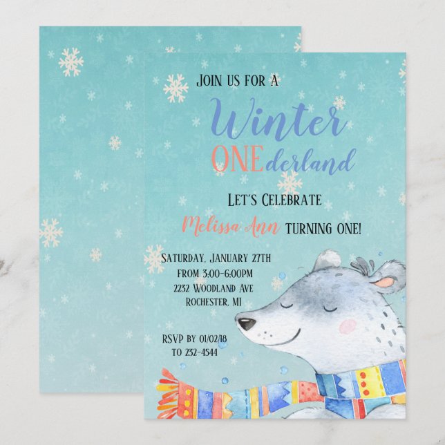 Convite Aniversário de Um Ano Winter Onederland (Frente/Verso)