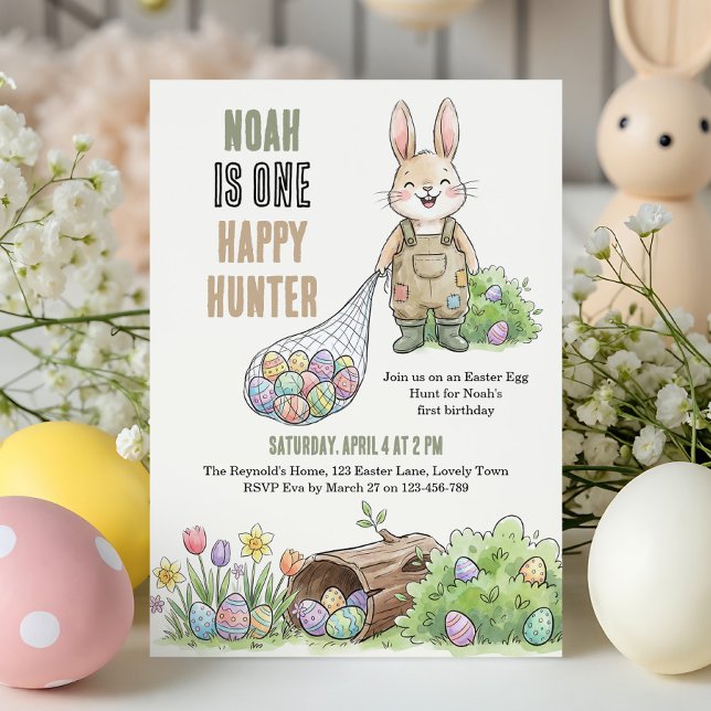Convite Aniversário de Um Caçador Feliz com Tema de Páscoa (One Happy Hunter - Easter egg hunt themed 1st birthday invitation)