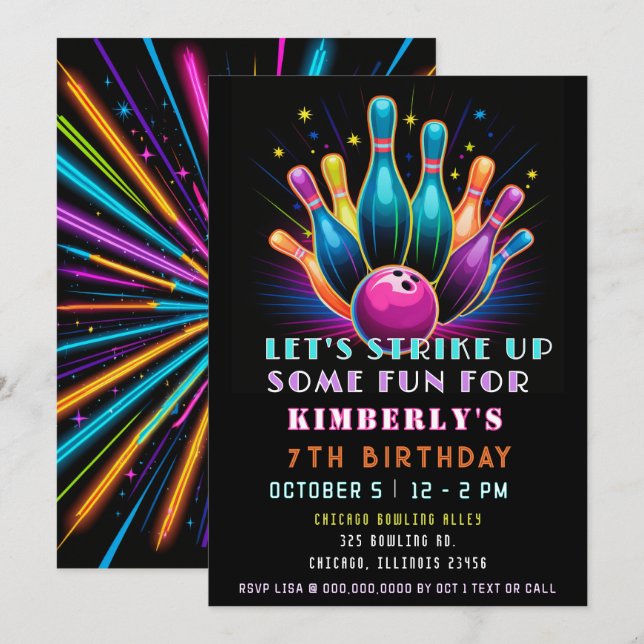 Convite Aniversário De Uma Boliche De Luz Neon Divertida (Frente/Verso)