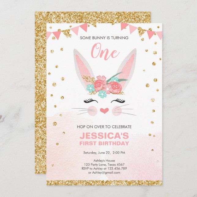 Convite Aniversário de uma garota rosa com Páscoa (Frente/Verso)