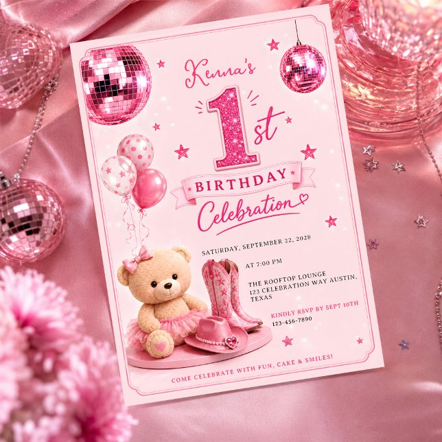 Convite Aniversário de Uma Vaca Rosa Disco Fofa (Criador carregado)