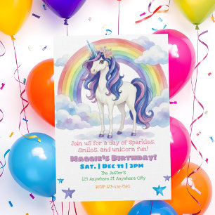 Convite Aniversário de Unicórnio Arco-íris Diversão Aquare