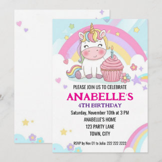 Convite Aniversário de Unicórnio Arco-Íris Mágico Personal