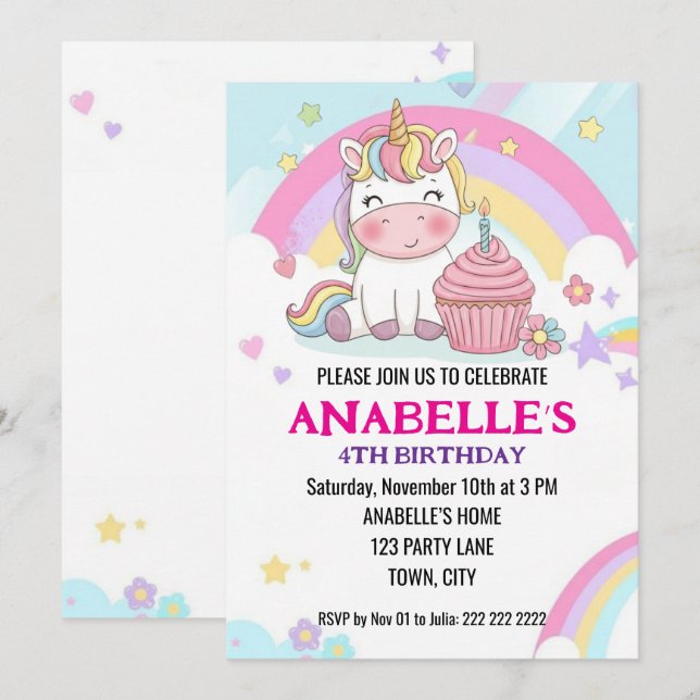 Convite Aniversário de Unicórnio Arco-Íris Mágico Personal (Frente/Verso)