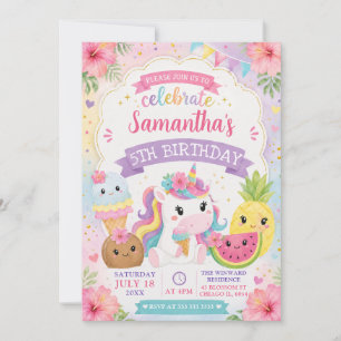 Convite Aniversário de Unicórnio de Verão em Aquarela Fofa