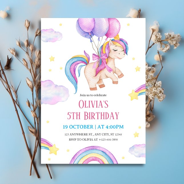 Convite Aniversário de Unicórnio em Aquarela & Arco-íris (Watercolor Unicorn & Rainbows Birthday Invitation
)