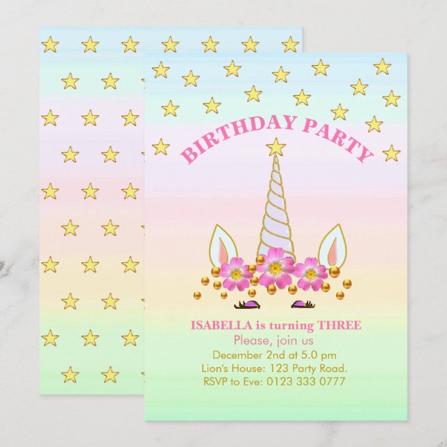 Convite Aniversário de Unicórnio, Estrelas, Flores e Confe (Frente/Verso)