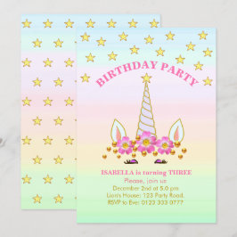 Convite Aniversário de Unicórnio, Estrelas, Flores e Confe