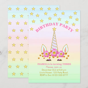 Convite Aniversário de Unicórnio, Estrelas, Flores e Confe