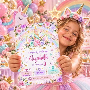 Convite Aniversário de Unicórnio Mágico Floral Arco-Íris P