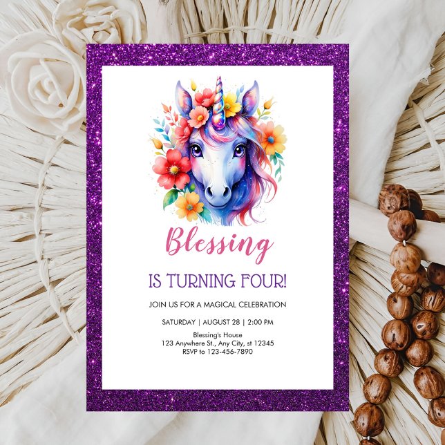 Convite aniversário de unicórnio vermelho roxo (Criador carregado)
