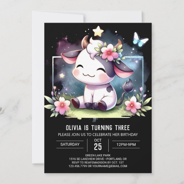 Convite Aniversário de Vaca Personalizada Encantada (Frente)